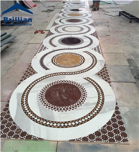 White Marble Iberica Water-Jet Waterjet Decorative Patterns Round Medallions, Thin Laminated, Inlayed Floor Project, Light Emperador ,Crema Marfil ,Rosso Oliva, Entryways, Foyers Lobbies Tiles