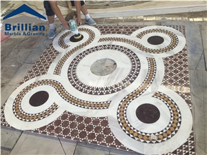 White Marble Iberica Water-Jet Waterjet Decorative Patterns Round Medallions, Thin Laminated, Inlayed Floor Project, Light Emperador ,Crema Marfil ,Rosso Oliva, Entryways, Foyers Lobbies Tiles