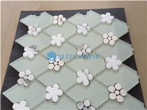 Waterjet Marble Mosaic Tile Glass Mix White Marble Wall Tile