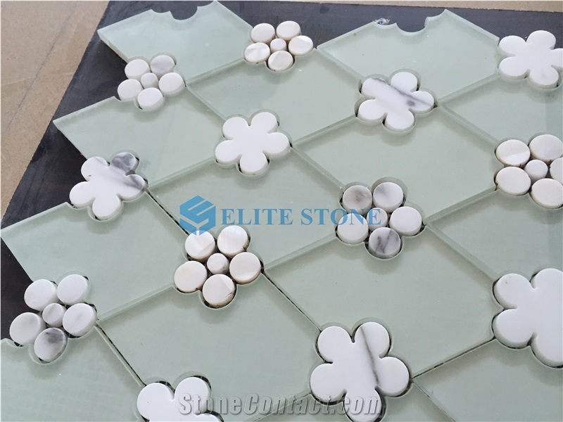 Waterjet Marble Mosaic Tile Glass Mix White Marble Wall Tile