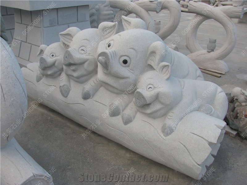Whte Granite Happy Pigs Sculpture