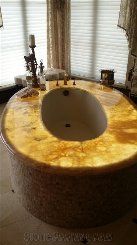 Translucent Honey Onyx Bath Tub Deck, Travertine Mosaic Surround
