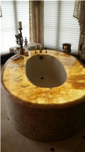 Translucent Honey Onyx Bath Tub Deck, Travertine Mosaic Surround