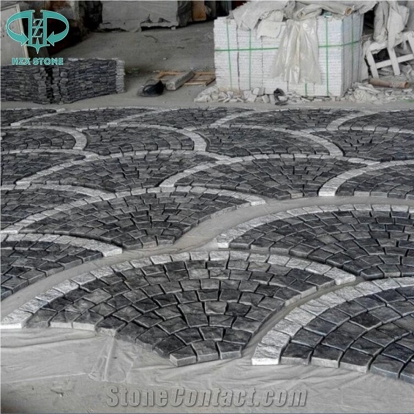 Cheap Zp Black Basalt Andesite Fan Pattern Cobble Stone,Basalt Cobble Stone Cube Stone,Paving Sets for Country Yard,Road,Square,Patio,Garden,Driveway