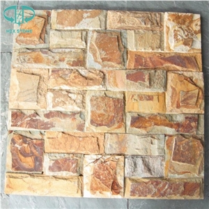 Rusty Slate Yellow Beige Split Face Slate Stacked Wall Veneer Stone Tiles,Wall Cladding,Outdoor Wall Tiles,Ledge Stone Siding,Stacked Stone Brick