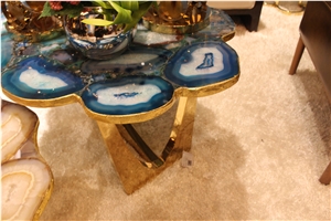 Blue Agate Table Design for Coffee Shop,Polished Blue Gemstone Samll Round Tables