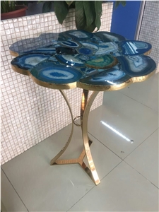 Blue Agate Table Design for Coffee Shop,Polished Blue Gemstone Samll Round Tables