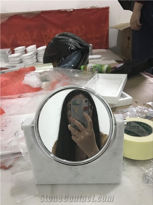 Carrara White Marble Mirror Holder,Polished Marble Bathroom Mirror Set