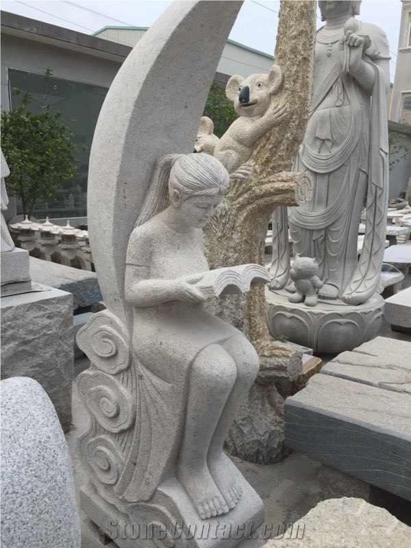 China Grey Granite Handcarved Abstract Statues Reader Garden Sculptures