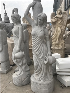 China Grey Granite Women with Water Vase Sculpture,,Western Figure Landscape Statue