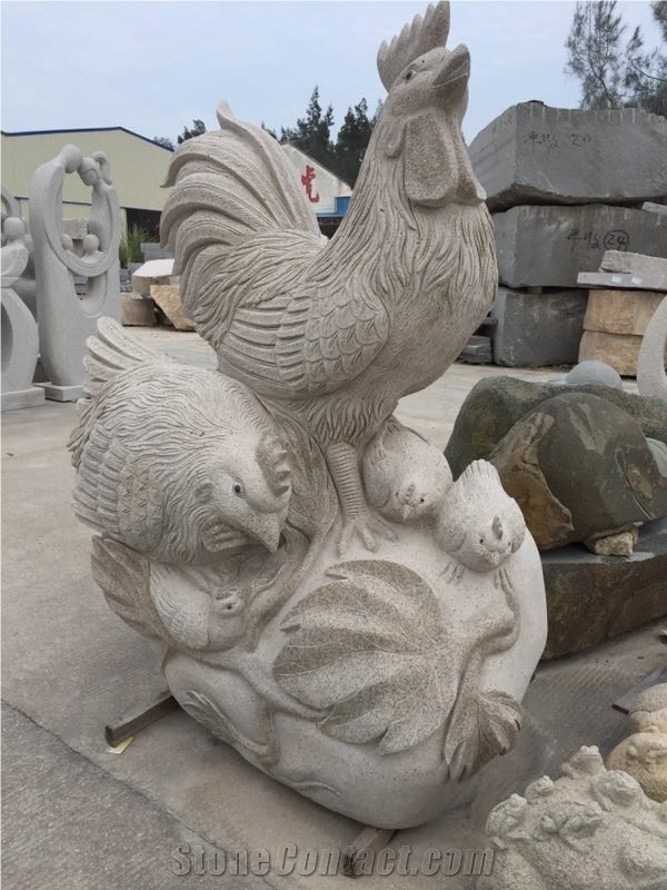 China White Granite Hen,Rooster and Chick Sculpture, Chicken Flocks Statue,Outdoor Handcarved Animals Sculpture