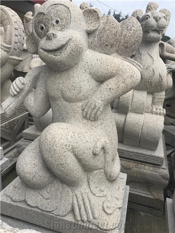 China White Granite Monkey Sculpture,Chinese Zodiac Animals Statue,Outdoor Handcarved Animals Sculpture