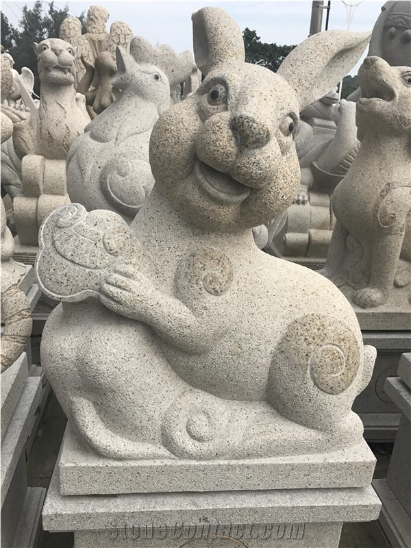China White Granite Rabbit Sculpture,Chinese Zodiac Animals Statue,Outdoor Handcarved Animals Sculpture