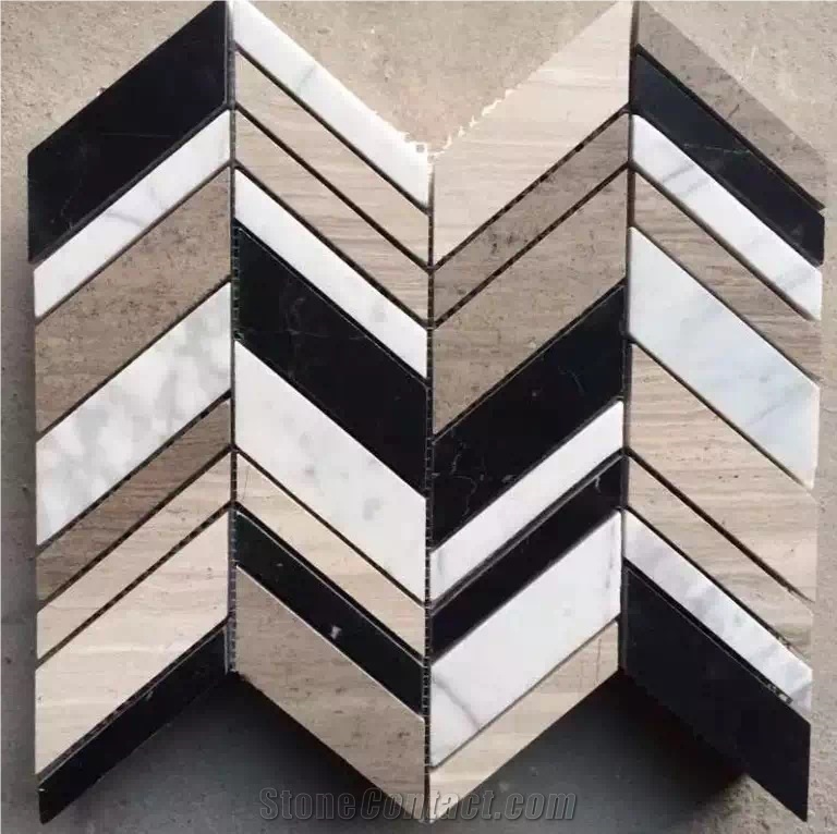 Mixed Marble Linear Strips Mosaic Black Marquina Fish Bone Mosaic Tile for Floor