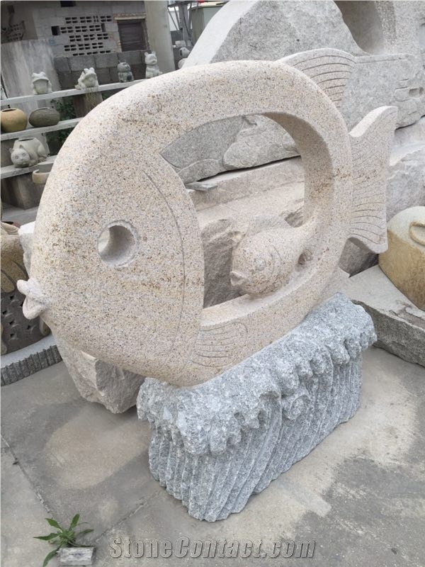 Outdoor Fish Abstract Sculpture,China Yellow Granite Landscape Handcarved Sculpture