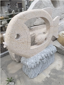 Outdoor Fish Abstract Sculpture,China Yellow Granite Landscape Handcarved Sculpture