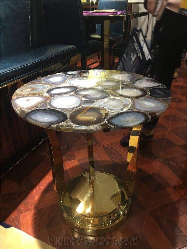 White Agate Small Coffee Table,Semiprecious Round Table Design