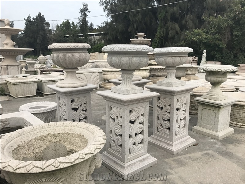 White Granite Flower Pot Sets,Ourdoor Garden Stone Planters,Handcarved Stone Landscaping Planters