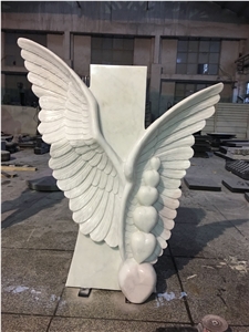 China Factory Manufacture Stone Carving Wings with Hearts Memorials, White Marble Cemetery Monuments