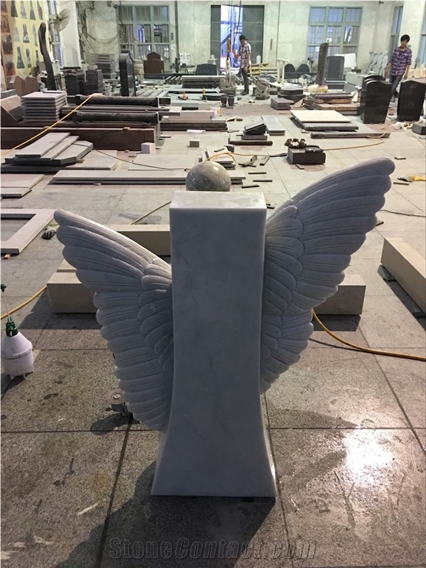 China Factory Manufacture Stone Carving Wings with Hearts Memorials, White Marble Cemetery Monuments