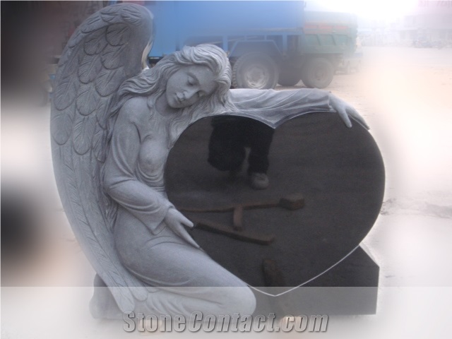 Angel Headstone, Black Granite Heart Monument & Tombstone
