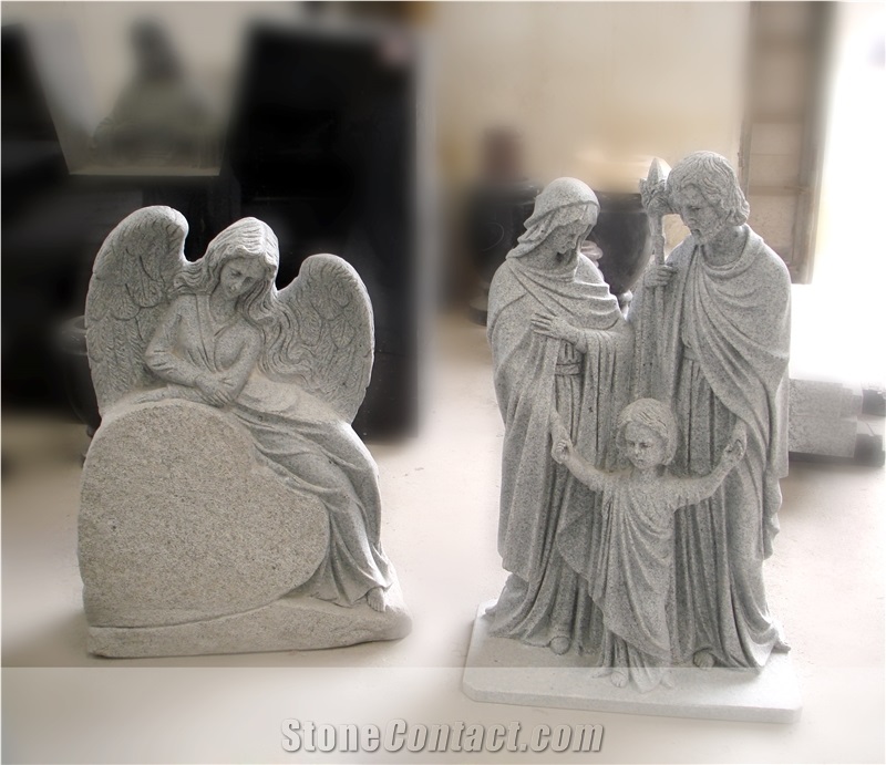 Black Granite Angel Monuments Sculpture Engraved Tombstones