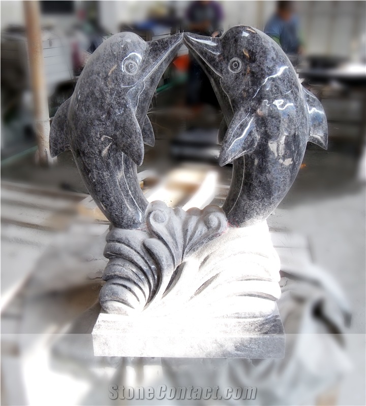 Grey Granite Dolphin Sculpture, Landscape Animal Sculptures