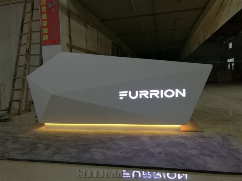 Customized Modern Acrylic Solid Surface Diamond Reception Desk with Led Logo