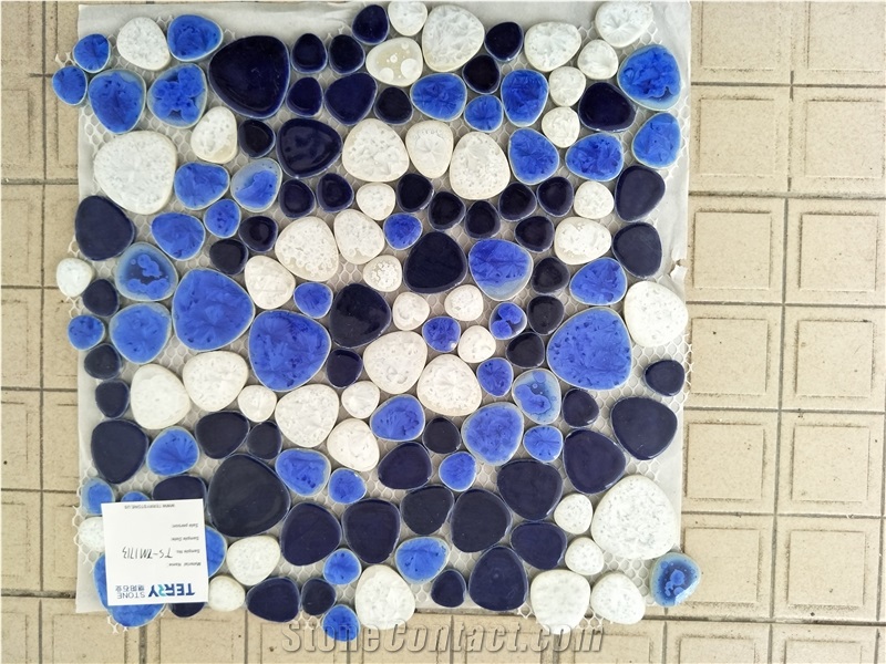 China Kitchen/Interior Mosaic, Ceramic Mosaic Tiles,Blue Mosaic for Wall Decor, Pebble Design Ceramic Mosaic, Mosaic Pattern for Bathroom, Porcelain Mosaic