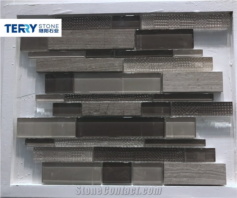 Wooden Grey Marble Mosaic Tile Mix Brown/Grey Glass Mosaic,Linear Strips Mosaic for Bath Wall Cover Kitchen Wall Covering Interior Decor/Decoration from China Factory