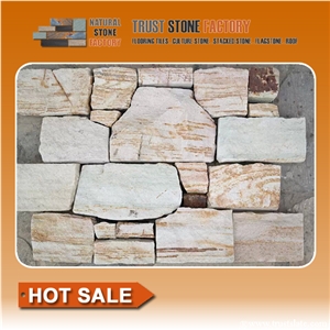 Beige Quartzite Stacked Stone Fireplace,Dry Stone Wall Construction,Natural Stone Retaining Wall