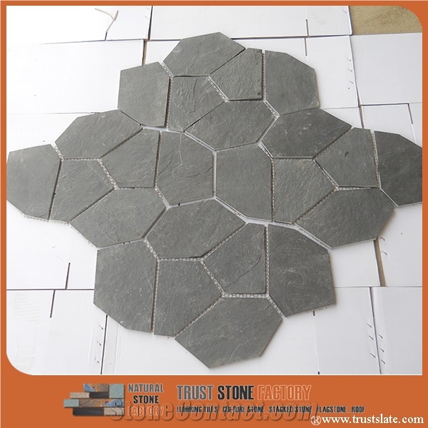 Black Slate Stone Flagstone on Mesh,China Grey Slate Flagstone Mesh,Dark Slate Random/Irregular Flagstone for Garden Road
