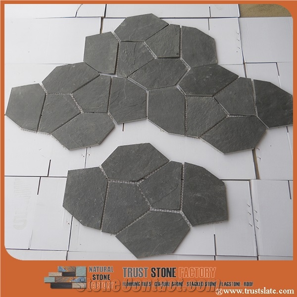 Black Slate Stone Flagstone on Mesh,China Grey Slate Flagstone Mesh,Dark Slate Random/Irregular Flagstone for Garden Road