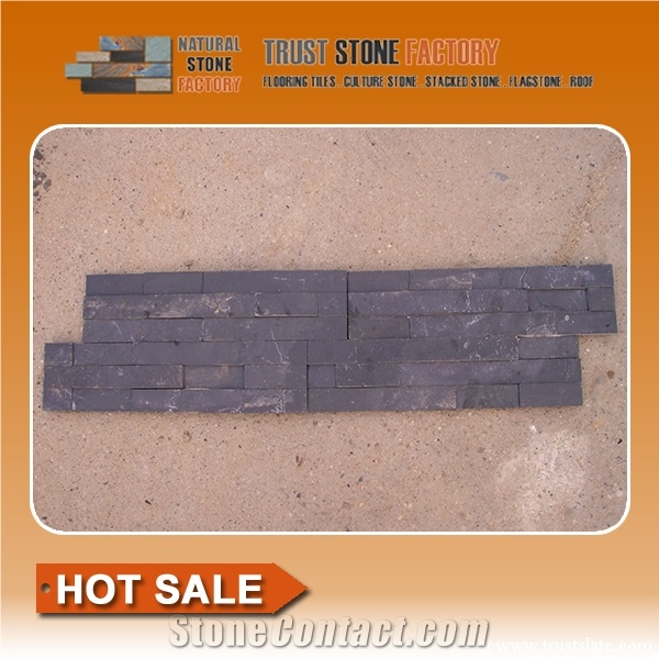 Cheap Black Grey Slate Stone Strips, a Grade Glued Cultured Stones Ledges Stone Veneer for Fireplace Wall Decoration
