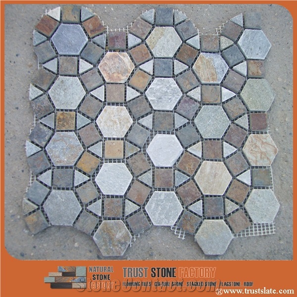 Circle Quartzite Mosaic Tile, Mixed Color Square Hexagon Triangle Mosaic Tile, Garden & Balcony Mosaic Tile, Kitchen Mosaic