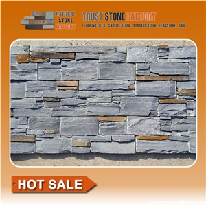 Dry Stone Wall House, Grey Exteria Stacked Stone,Quartzite Stacked Stone Fireplace