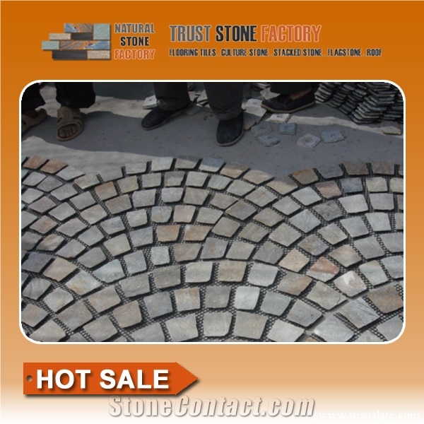 Fan Pattern Meshed, Grey Stone Pavers, Natural Split Paver on Mesh, Grey Black Stone Cobblestone for Landscaping and Garden