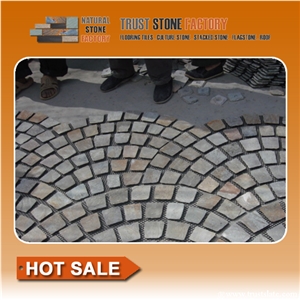 Fan Pattern Meshed, Grey Stone Pavers, Natural Split Paver on Mesh, Grey Black Stone Cobblestone for Landscaping and Garden