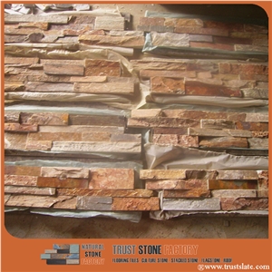 Golden Brown Quartzite Cultured Stone Veneer Ledge Stone Walling Panel, Culture Stone Slate Veneer