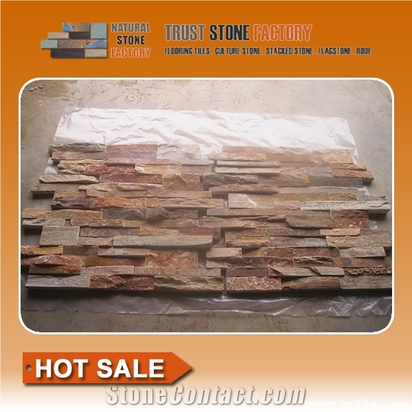Golden Brown Quartzite Cultured Stone Veneer Ledge Stone Walling Panel, Culture Stone Slate Veneer