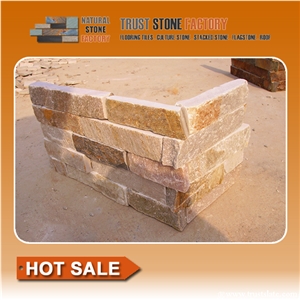 Golden Quartzite Corner Cultured Stone Panel,Wall Cladding Panel,Ledge Stone,Veneer,Stacked Stone Wall Veneer Corner
