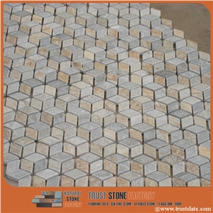 Grey and Golden Cube 3d Mosaic for Modern Decoration, Natural Stone Mosaic,Floor Mosaic,Wall Mosaic,Interior Decoration,Customized Mosaic Tile,Mosaic Tile for Bathroom & Kitchen & Hotel Decoration