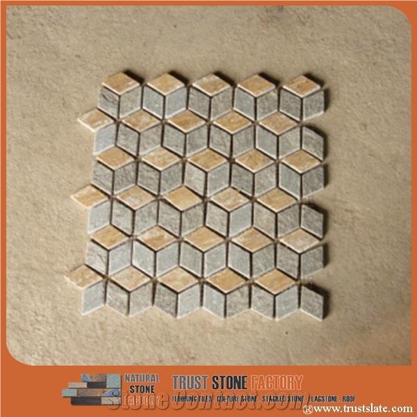 Grey and Golden Cube 3d Mosaic for Modern Decoration, Natural Stone Mosaic,Floor Mosaic,Wall Mosaic,Interior Decoration,Customized Mosaic Tile,Mosaic Tile for Bathroom & Kitchen & Hotel Decoration