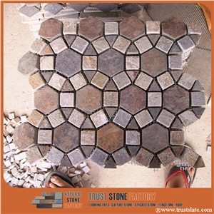 Hexagon Quartzite Mosaic Tile, Brown Square Triangle Mosaic Tile, Garden & Balcony Mosaic Tile, Kitchen Mosaic