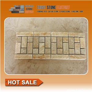 Mosaic Border Line,Beige Stone Mosaic Tiles,Natural Stone,Mosaic Tiles Pattern,Wall Cladding,Copper Mosaic for Bathroom&Kitchen&Hotel Decoration