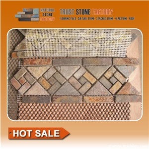 Mosaic Border Line,Brown Stone Mosaic Tiles,Natural Stone,Mosaic Tiles Pattern,Wall Cladding,Copper Mosaic for Bathroom&Kitchen&Hotel Decoration