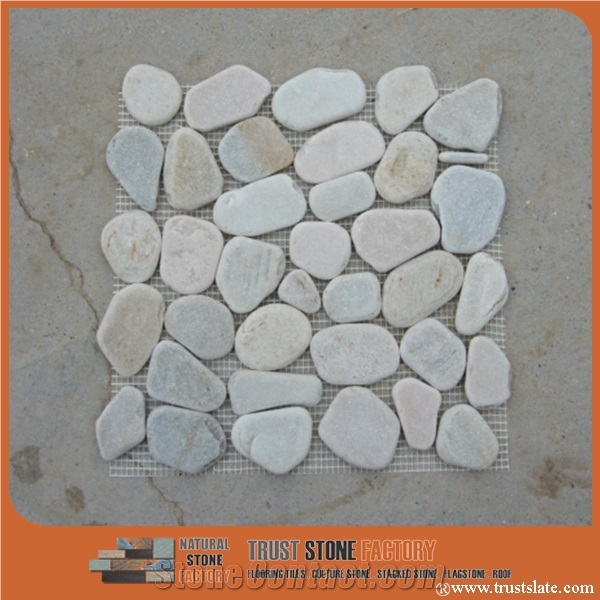 Natural River Stone Sliced Pebble Mosaic Tile Indoor Paving, White Polished Cutting Mosaic Tiles, Floor Paving Mosaic Tiles