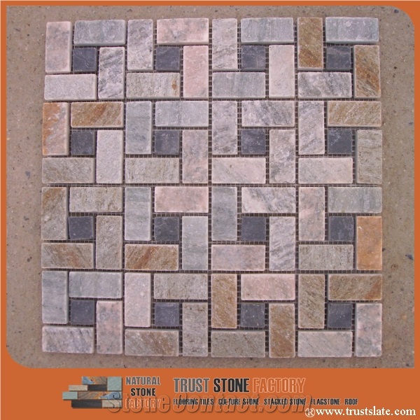 Natural Stone Beige Black Mosaic Tiles, Rectangle Quartzite Mosaic Tile,Mosaic for Bathroom&Kitchen&Hotel Decoration