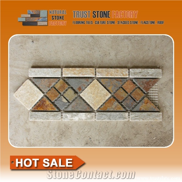Rust Mosaic Border Line, Rectangular Mosaic Tile, Wall and Floor Tile, Rustic Quartzite Mosaic Tile
