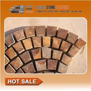 Rustic Brown and Multi Color Slate Meshed Fan Shape Paving Stone,Cobble and Cube Stone on Meshed